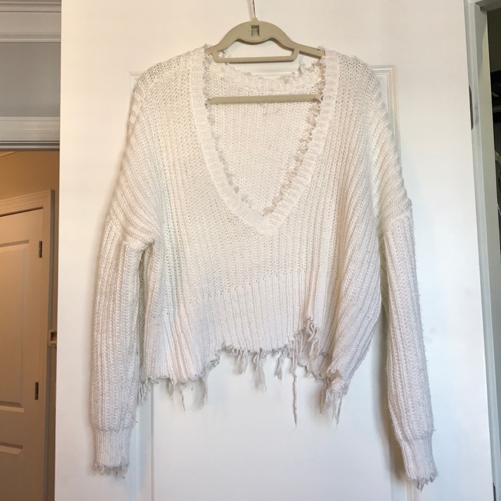 Destructed oversized white sweater